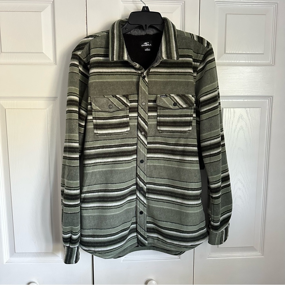 O'Neill Shirt Jacket Mens M Spruce Superfleece Snap Front Shacket Striped NWT